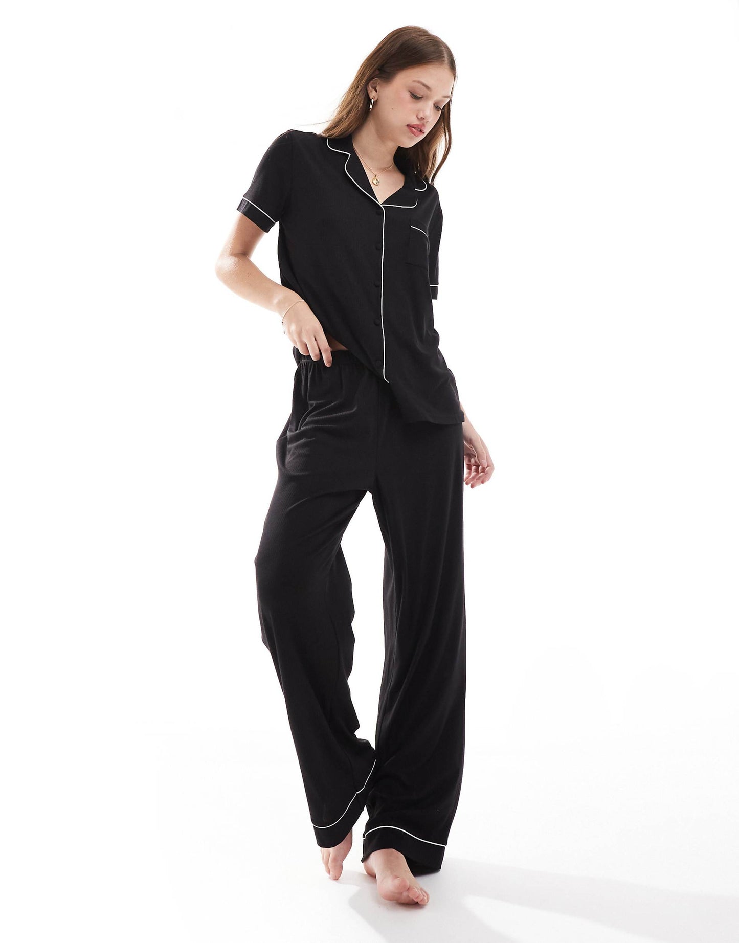 Soft Rib Jersey Button Short Sleeve With Trouser Pyjamas