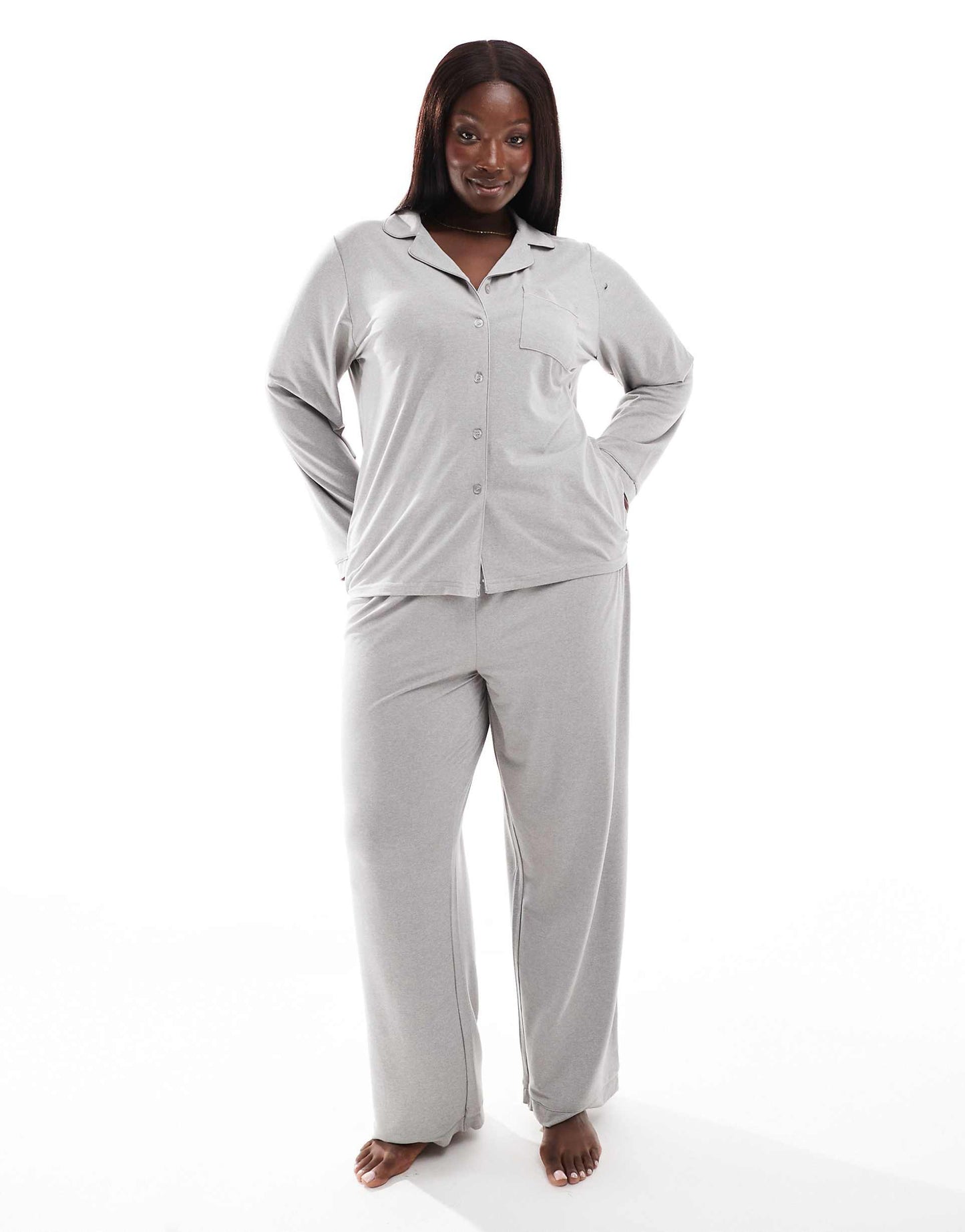 Curve Super Soft Jersey Revere Top And Wide Leg Pyjama Set With Piping Detail