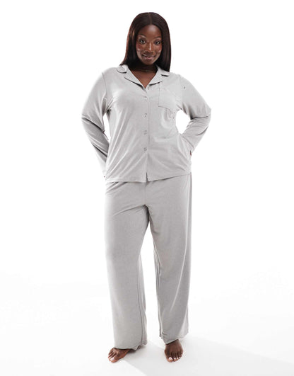 Curve Super Soft Jersey Revere Top And Wide Leg Pyjama Set With Piping Detail