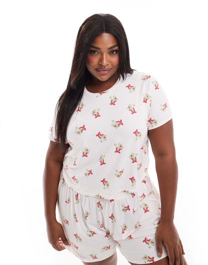 Curve Christmas Mistletoe Print Jersey Pyjama T Shirt And Short Set