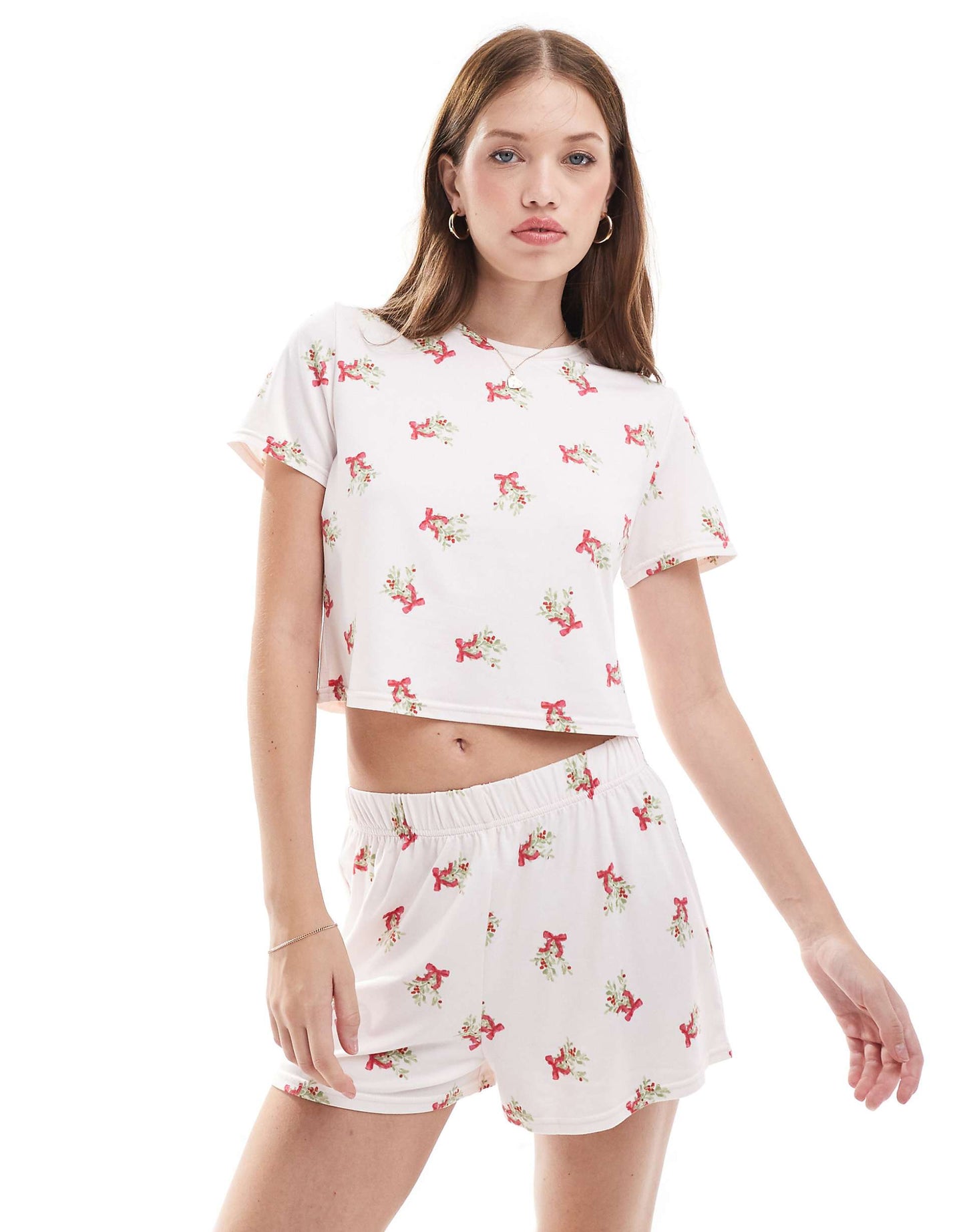 Christmas Mistletoe Print Jersey Pyjama T-Shirt And Shorts Set