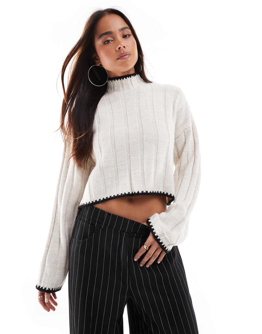 Contrast Trim Knitted Cropped Jumper