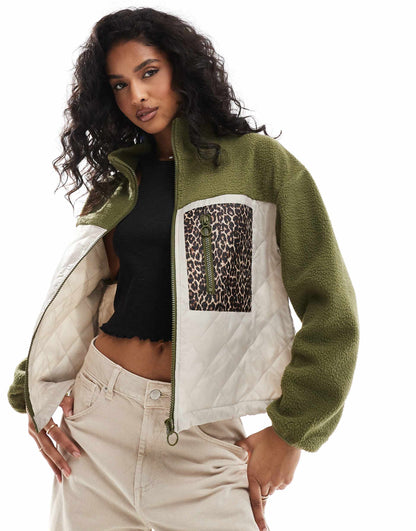 Teddy Fleece Jacket With Leopard Print Pocket