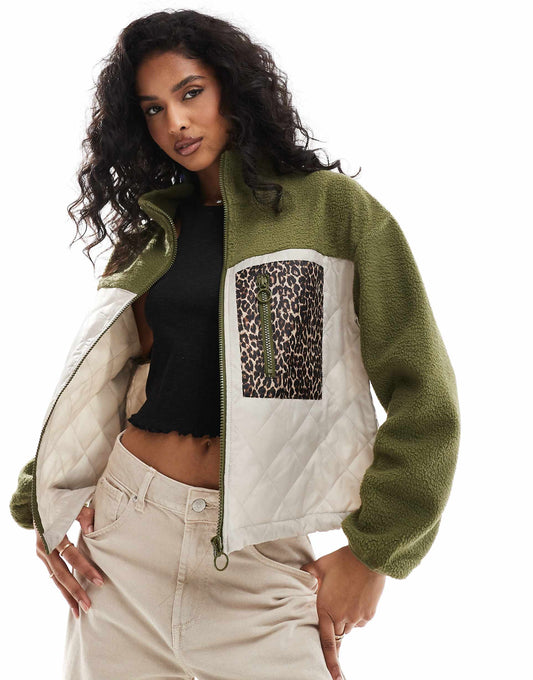 Teddy Fleece Jacket With Leopard Print Pocket