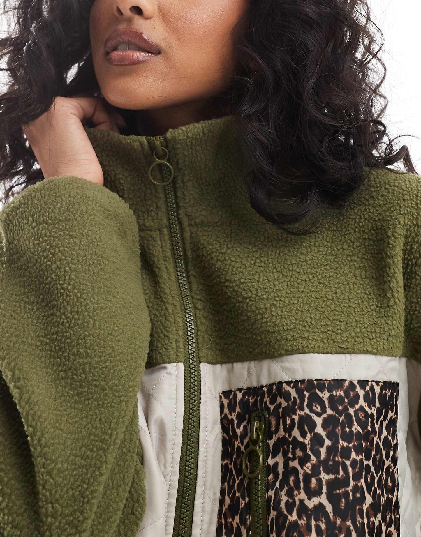 Teddy Fleece Jacket With Leopard Print Pocket