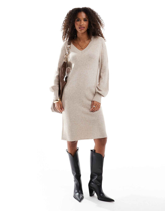 V-Neck Knitted Midi Dress