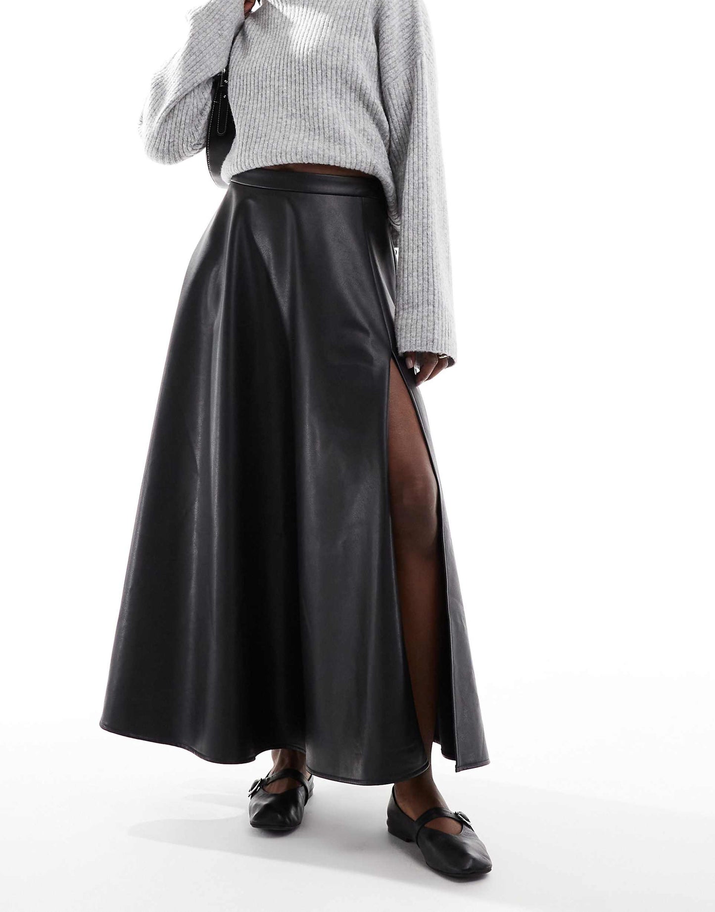 Leather Look High Split Detail Volume Maxi Skirt