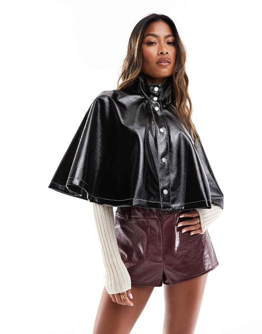 High Shine Leather Look Cape Jacket