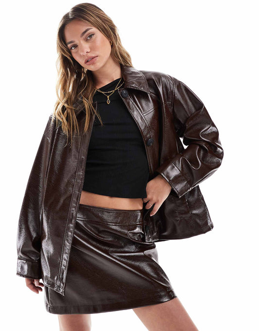 High Shine Cracked Leather Look Co-Ord Jacket