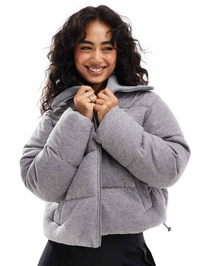 Cord Knitted Collar Puffer Jacket