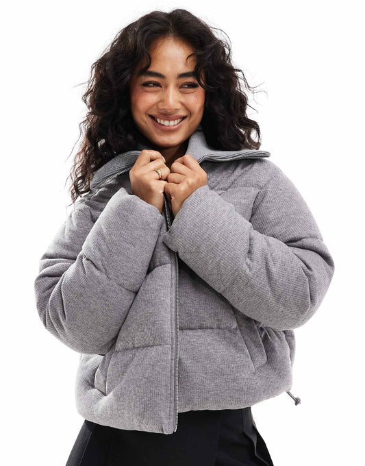 Cord Knitted Collar Puffer Jacket