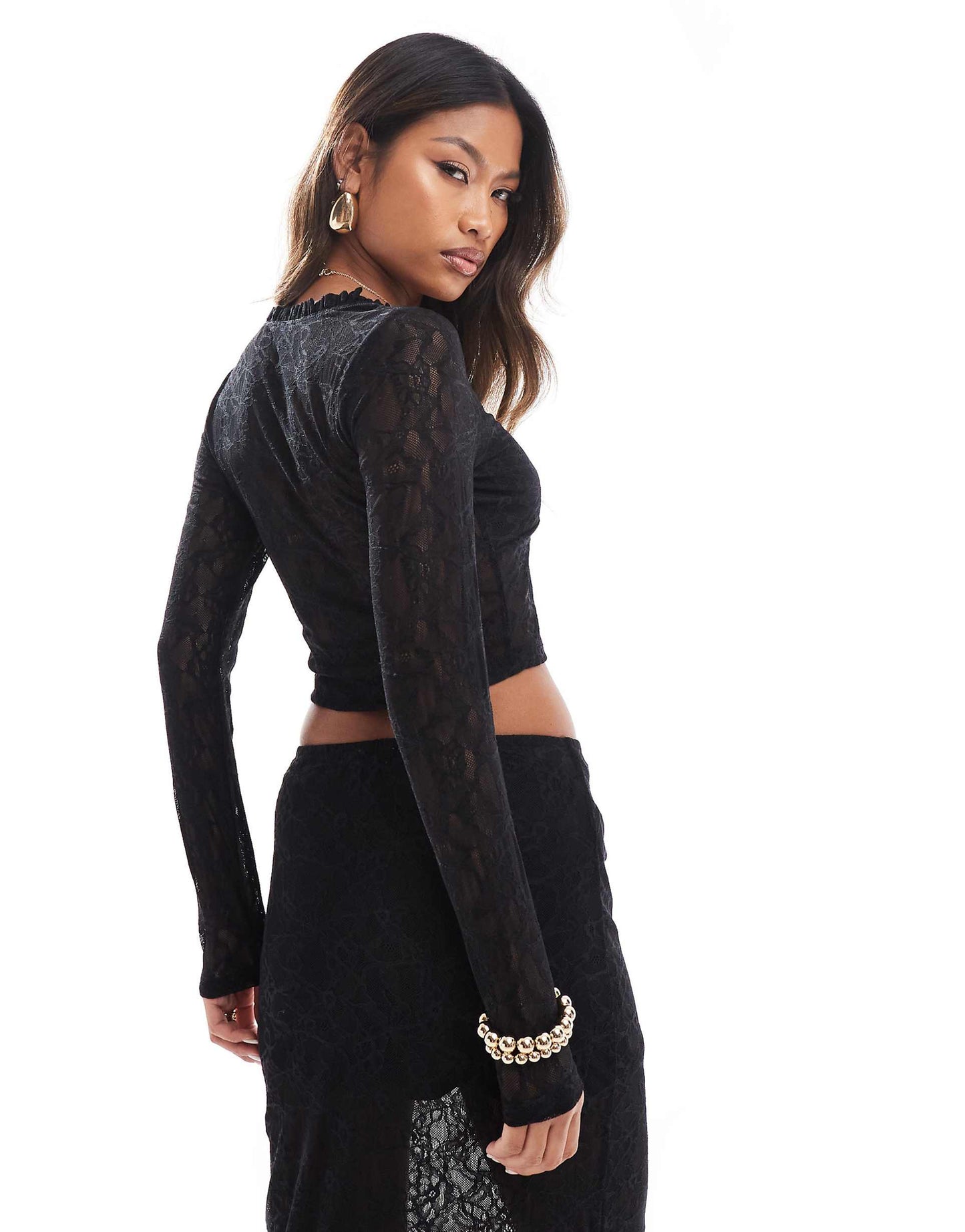 Exclusive Lace V Neck Long Sleeve Top Co-Ord