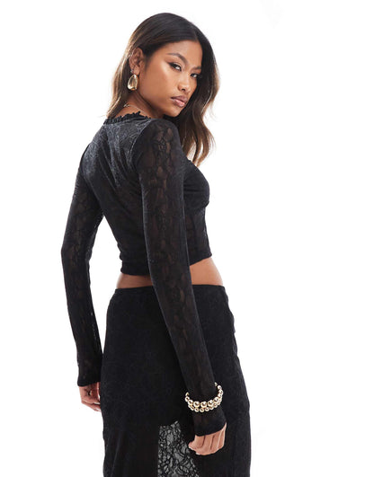 Exclusive Lace V Neck Long Sleeve Top Co-Ord