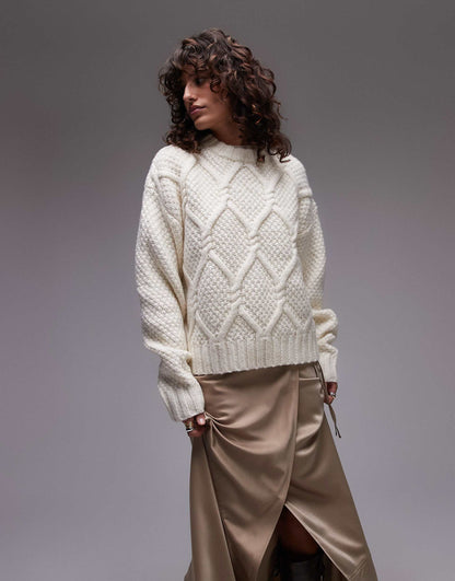 Knitted Chunky Twist Cable Crew Neck Oversized Jumper