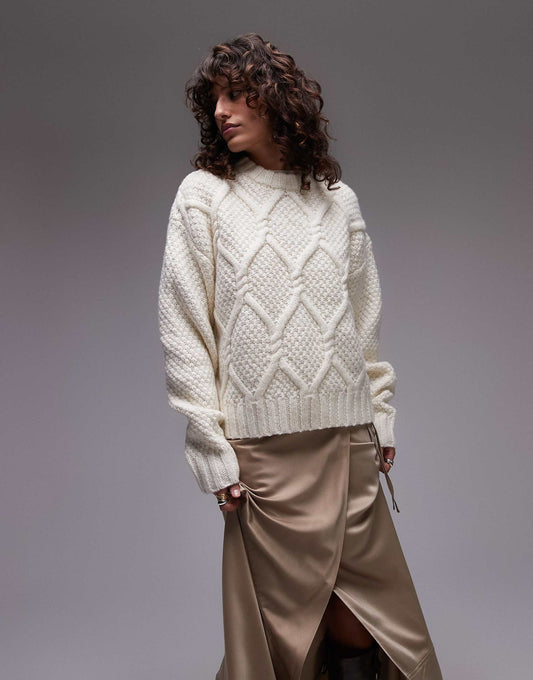 Knitted Chunky Twist Cable Crew Neck Oversized Jumper