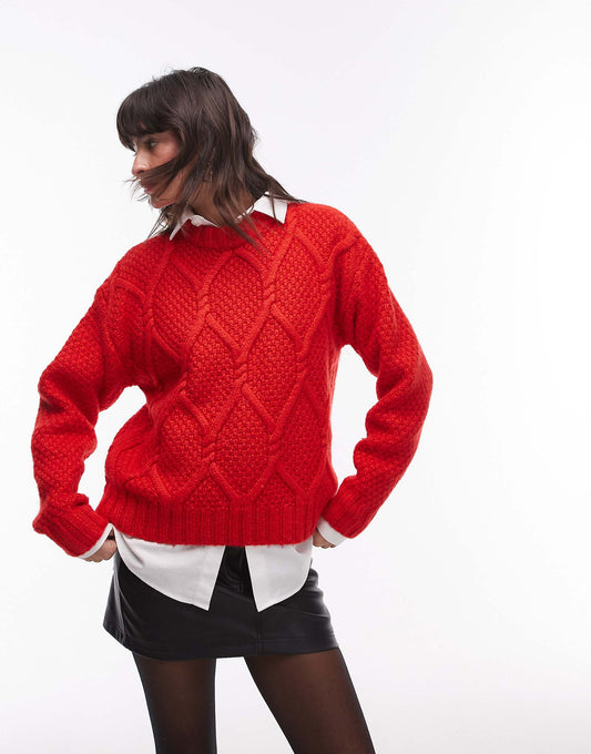 Knitted Chunky Twist Cable Crew Neck Oversized Jumper