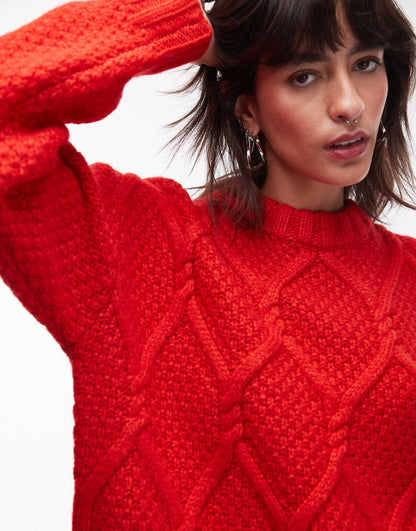 Knitted Chunky Twist Cable Crew Neck Oversized Jumper