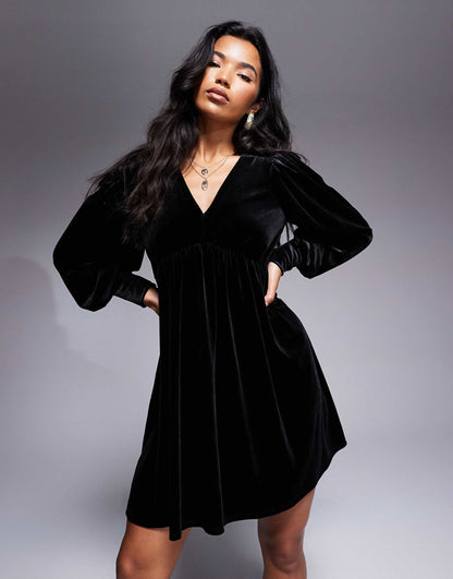 Velvet Long Sleeve Smock Mini Dress