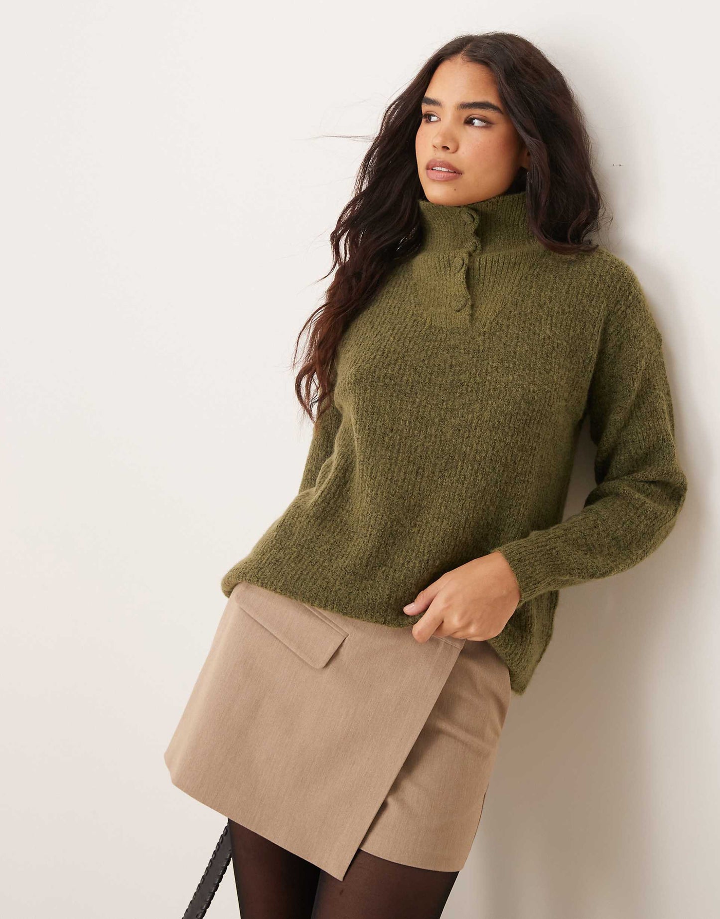 Button Detail High Neck Knitted Jumper