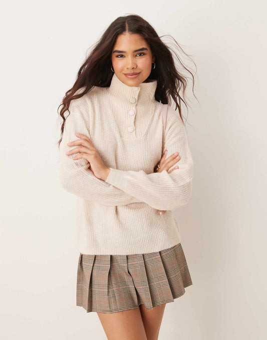 Button Detail High Neck Knitted Jumper