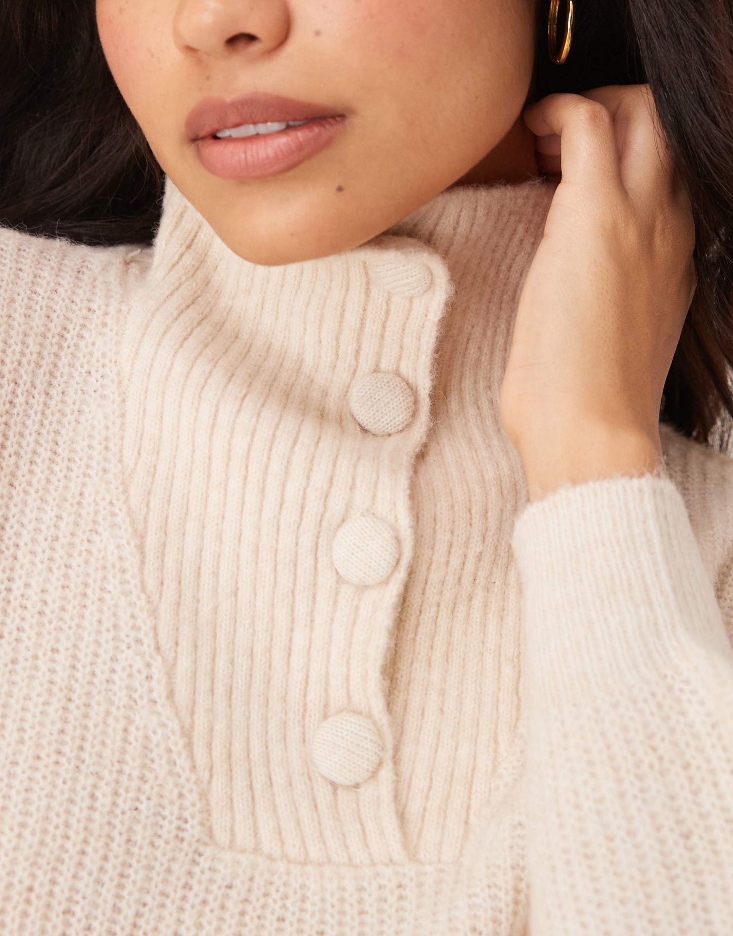 Button Detail High Neck Knitted Jumper