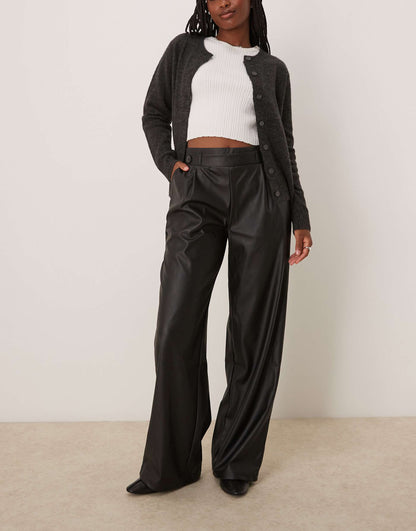 High Waisted Wide Leg Faux Leather Trousers