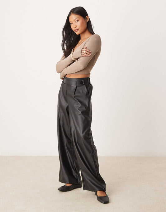 Petite High Waisted Wide Leg Faux Leather Trousers