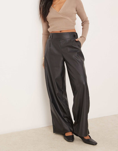 Petite High Waisted Wide Leg Faux Leather Trousers