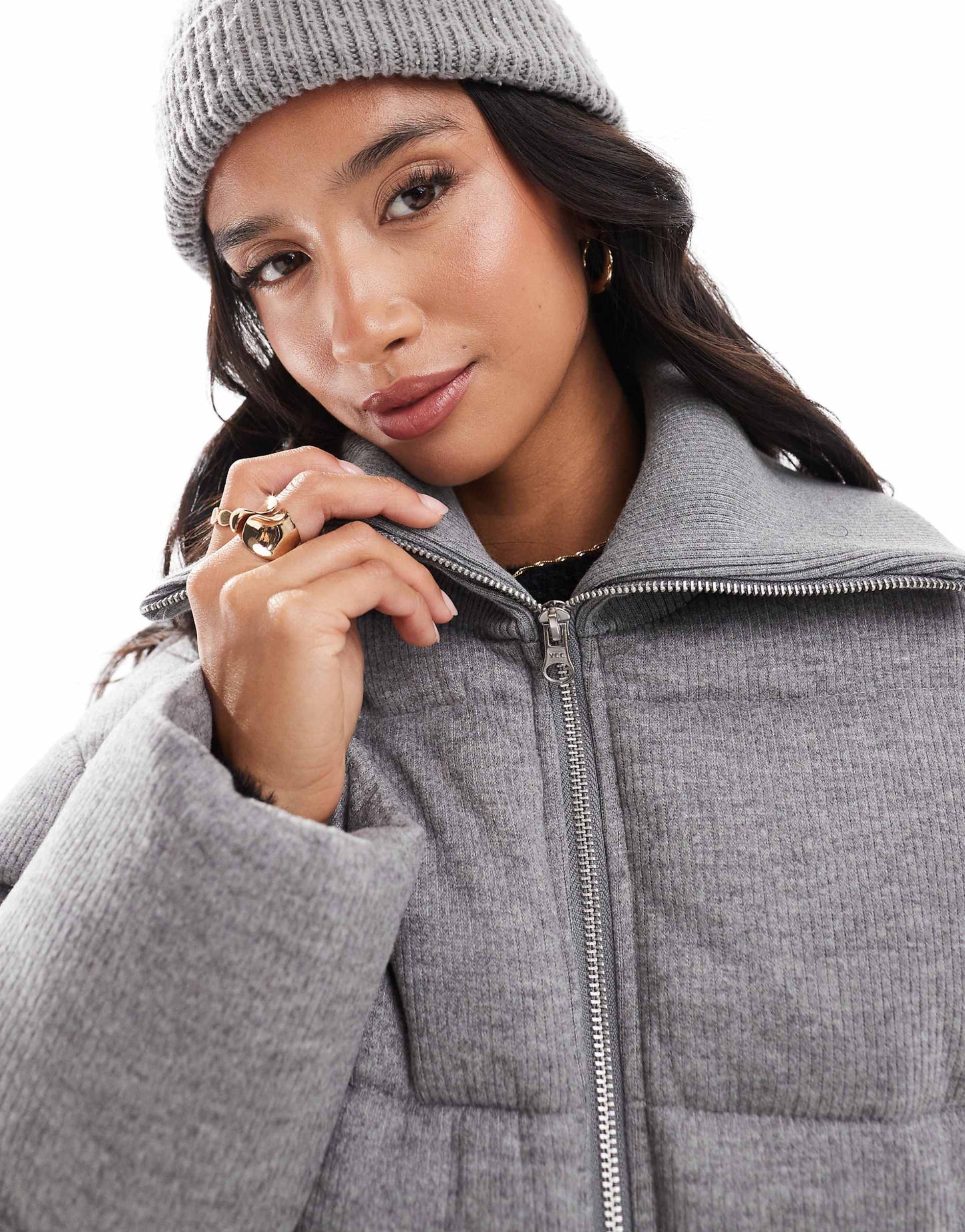 Petite Cord Knitted Collar Puffer Jacket