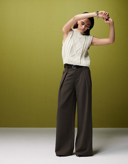 Super Wide Leg Belted Tailored Trouser