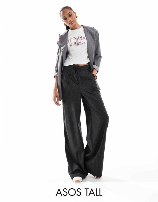 Tall Tailored Tie Waist Wide Leg Trousers With Pleat Detail