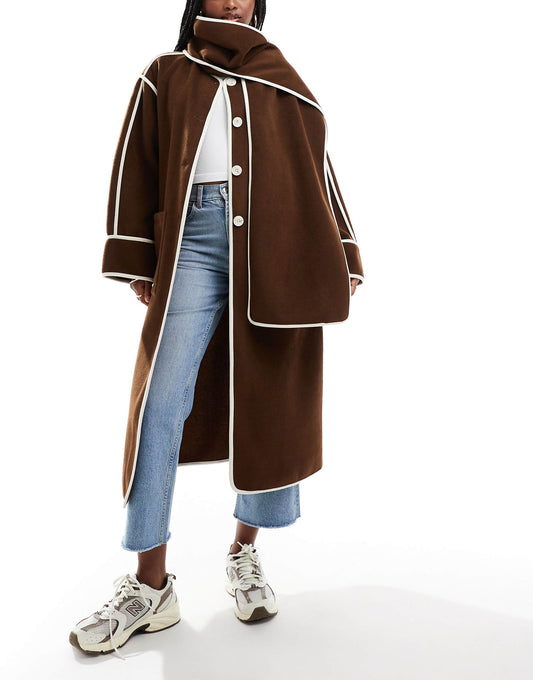 Contrast Trim Midi Coat With Detachable Scarf