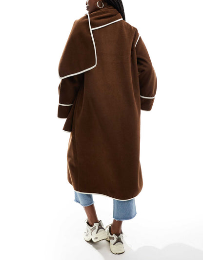 Contrast Trim Midi Coat With Detachable Scarf