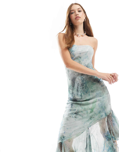 Bandeau Maxi Dress With Asymmetric Ruffle Hem