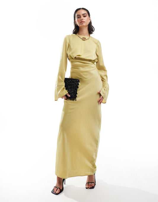 Draped Front Tuck Sleeve Bias Maxi Dress