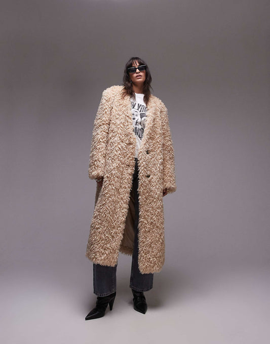 Faux Fur Collarless Long Coat