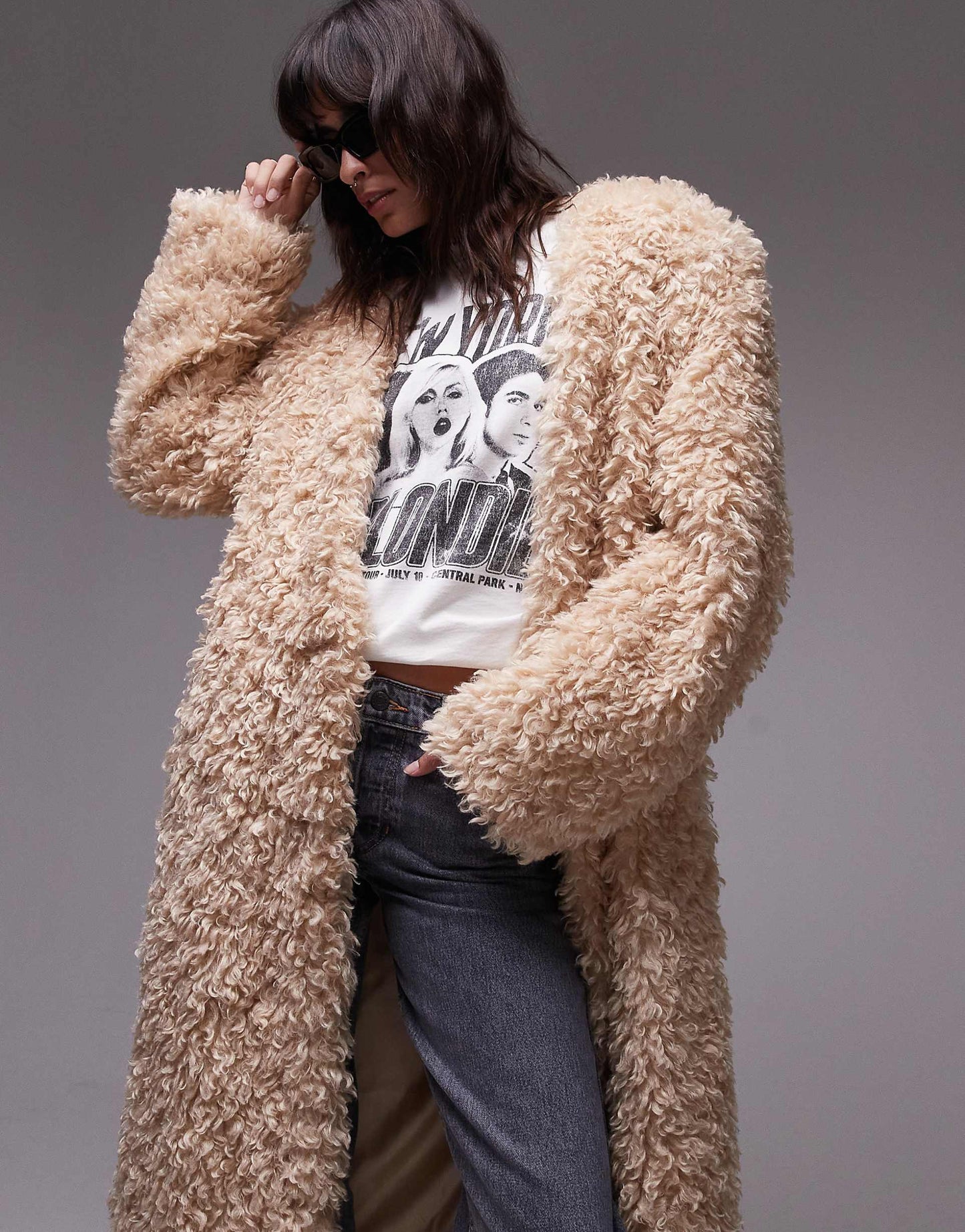 Faux Fur Collarless Long Coat