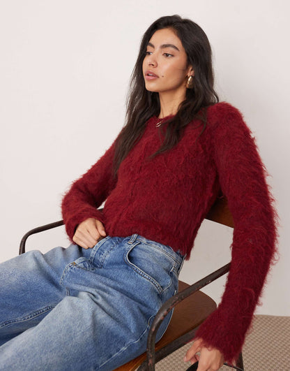 Fluffy Knit Zip Through Cropped Cardigan