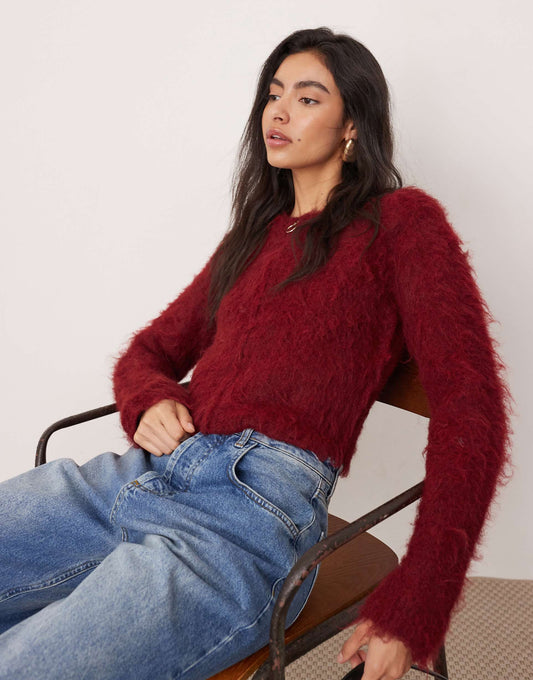Fluffy Knit Zip Through Cropped Cardigan