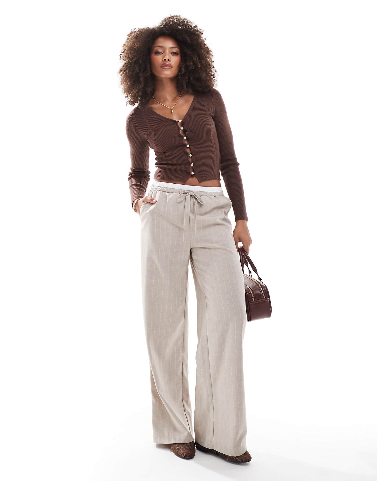 Cosy Knit Rib V Neck Faux Pearl Button Detail Long Sleeve Top