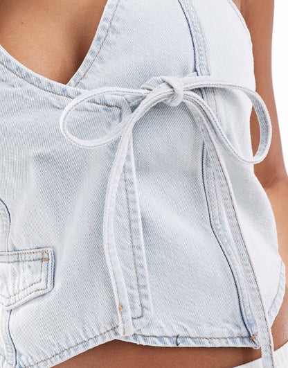Tie Detail Halterneck Denim Waistcoat