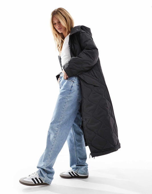 Longline Quilted Jacket With Hood