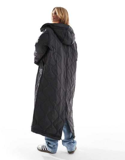 Longline Quilted Jacket With Hood