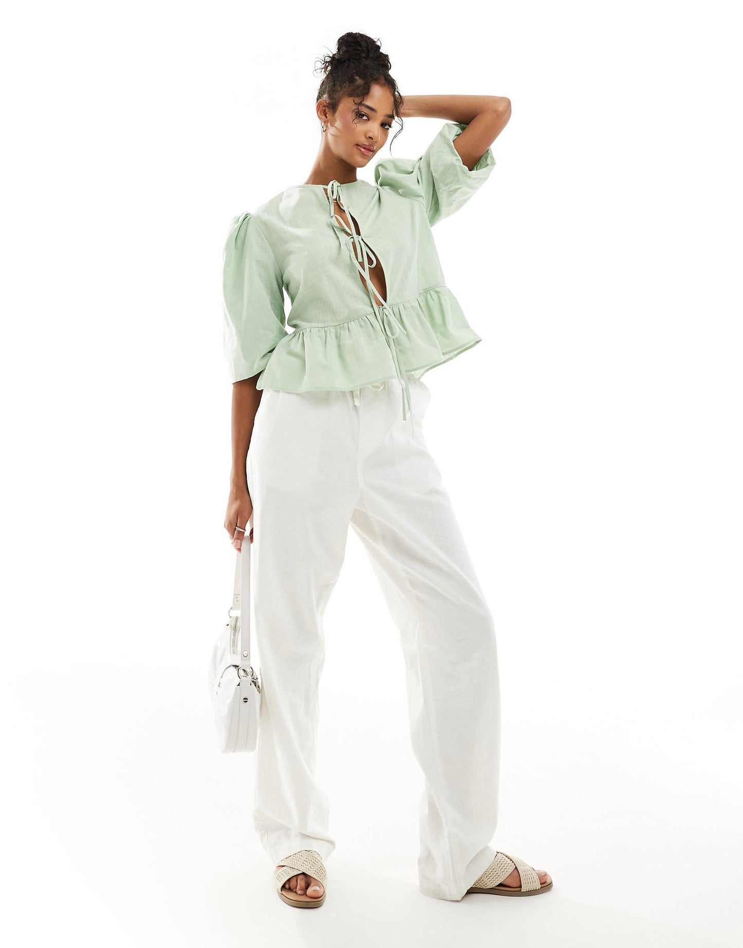 Linen Blend Tie Front Peplum Tie Front Blouse