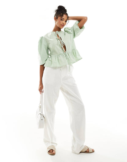 Linen Blend Tie Front Peplum Tie Front Blouse