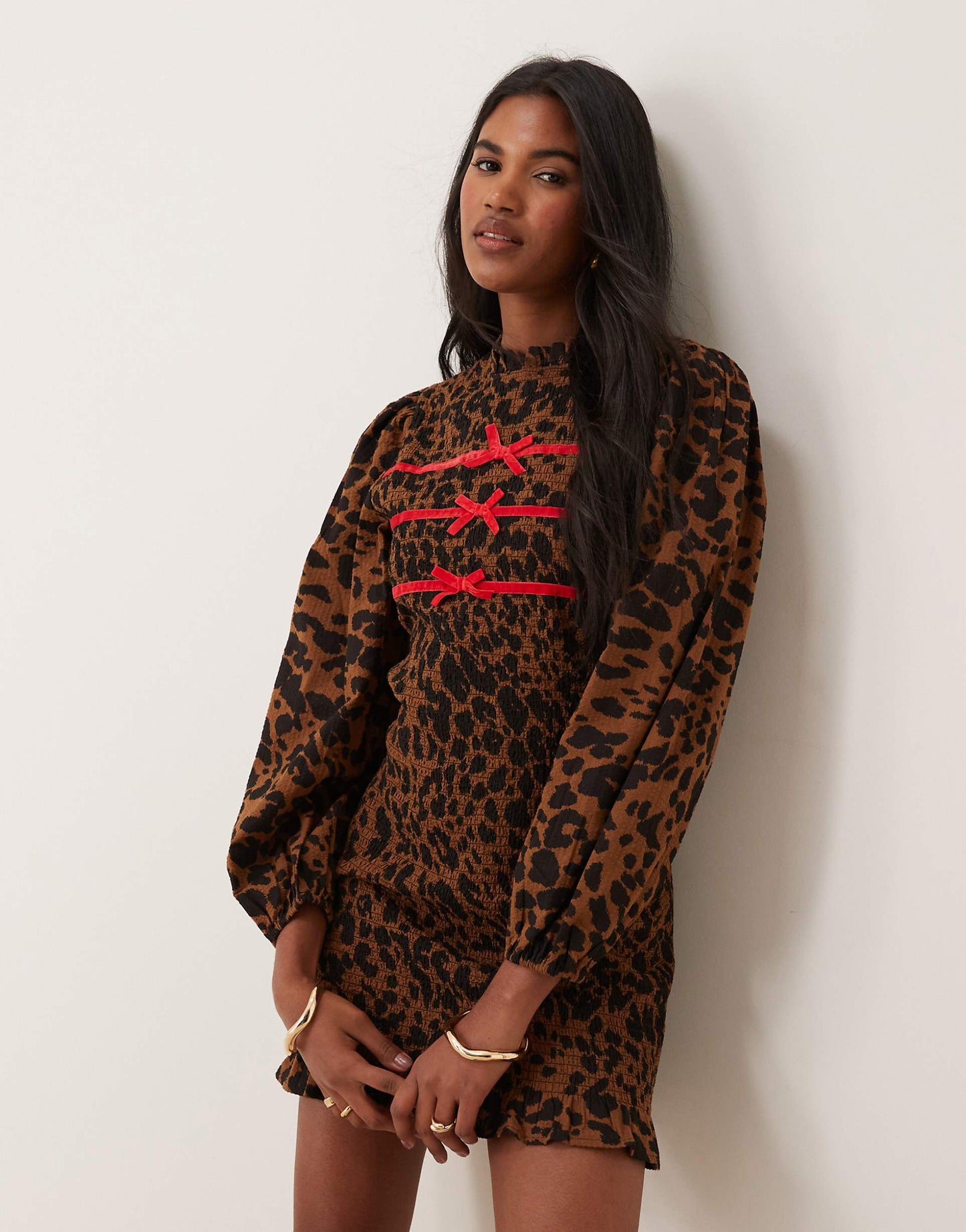 Leopard Print Shirred Ribbon Detail Mini Dress