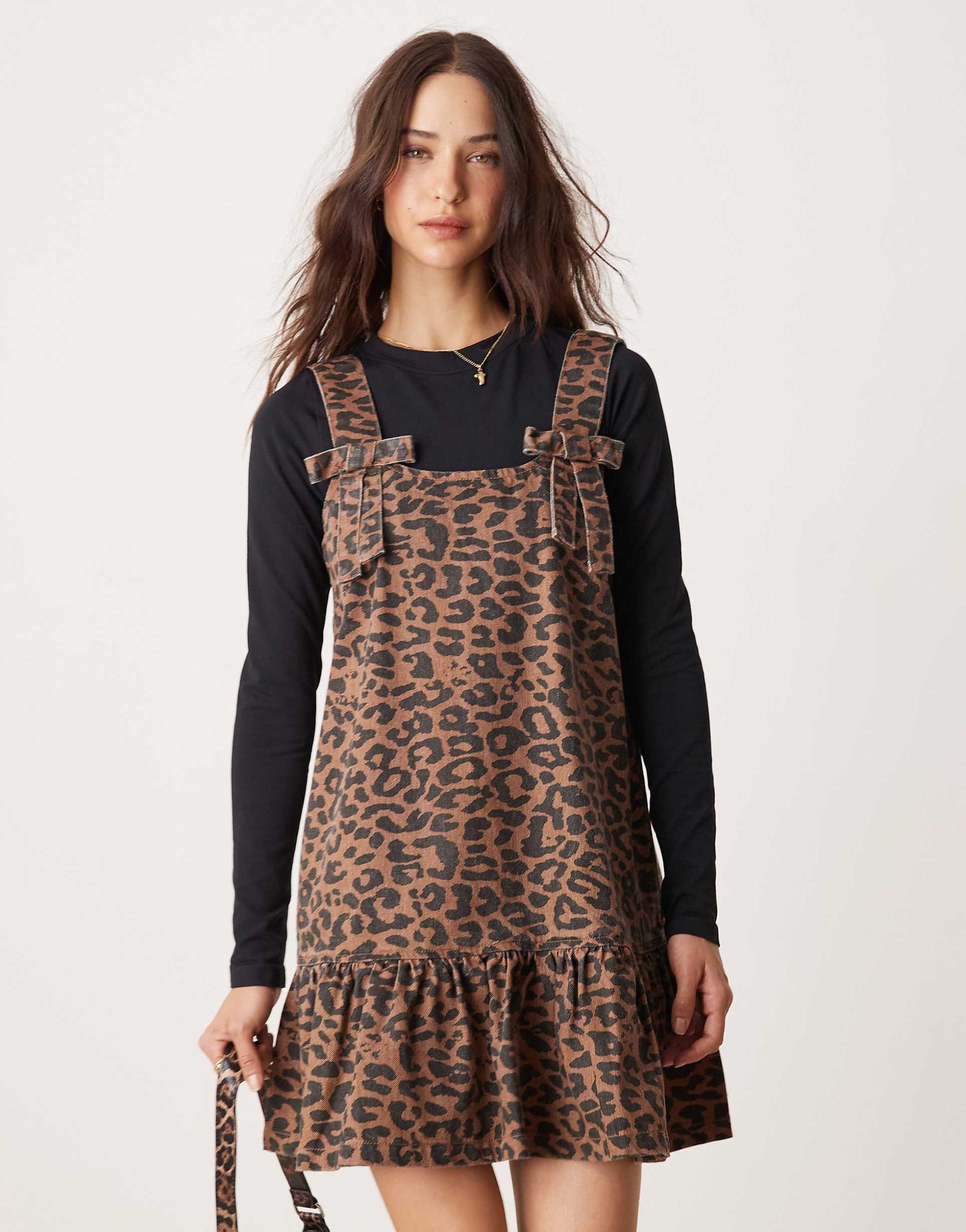 Leopard Print Denim Pinny Dress