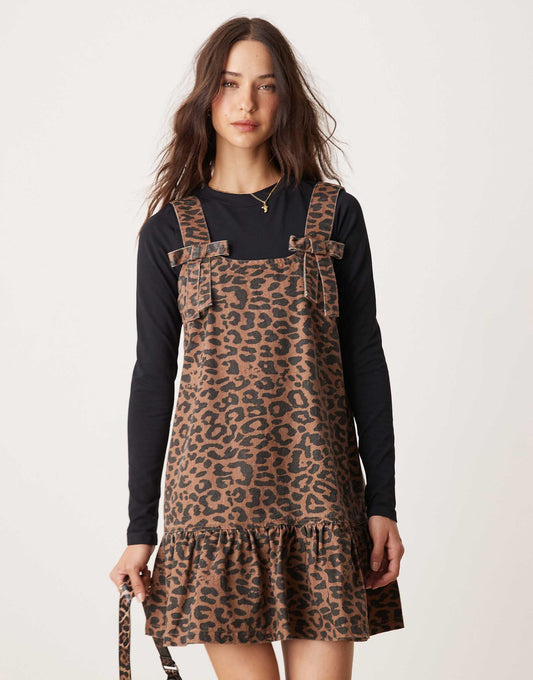 Leopard Print Denim Pinny Dress