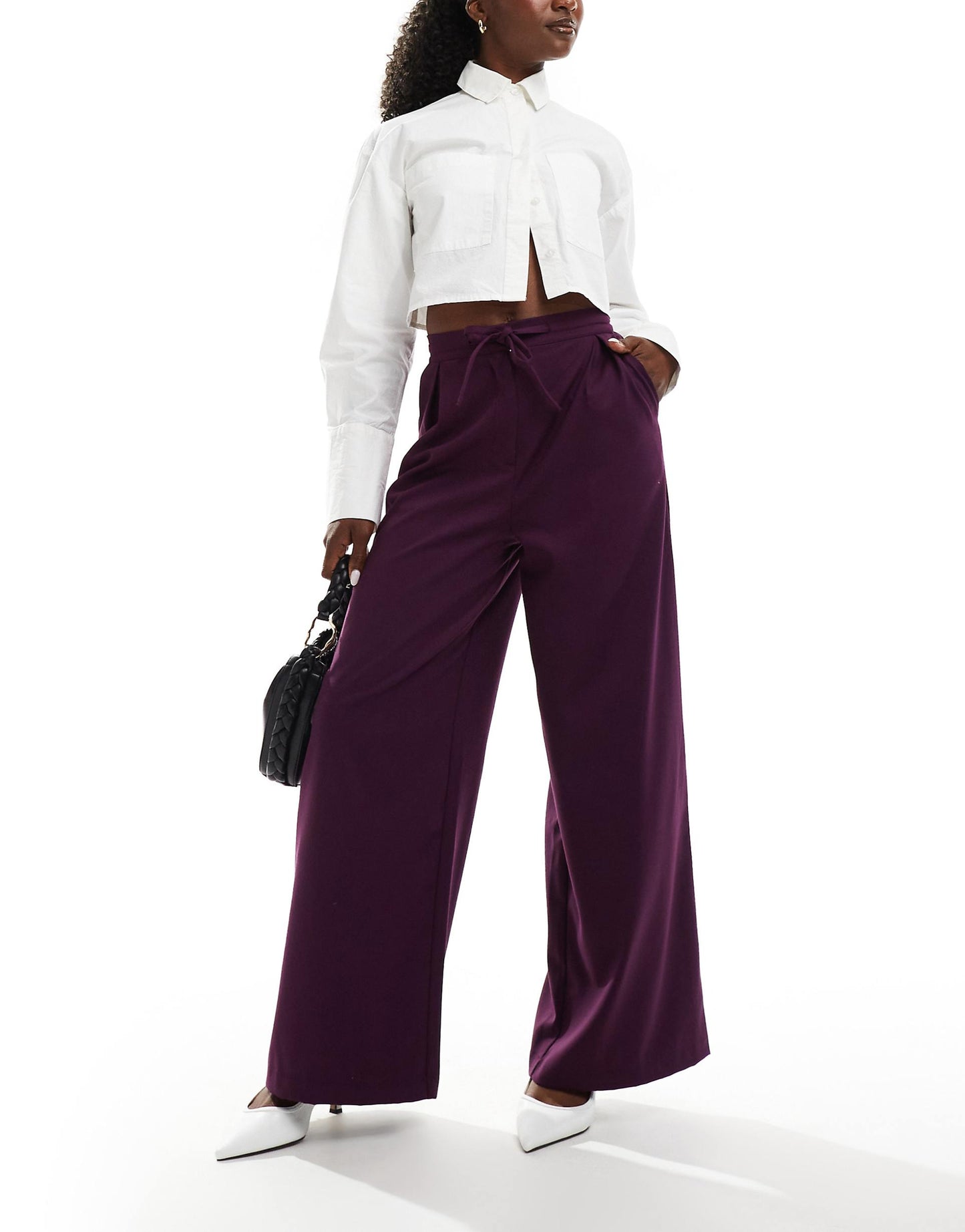 Tailored Tie Waist Wide Leg Trousers With Pleat Detail