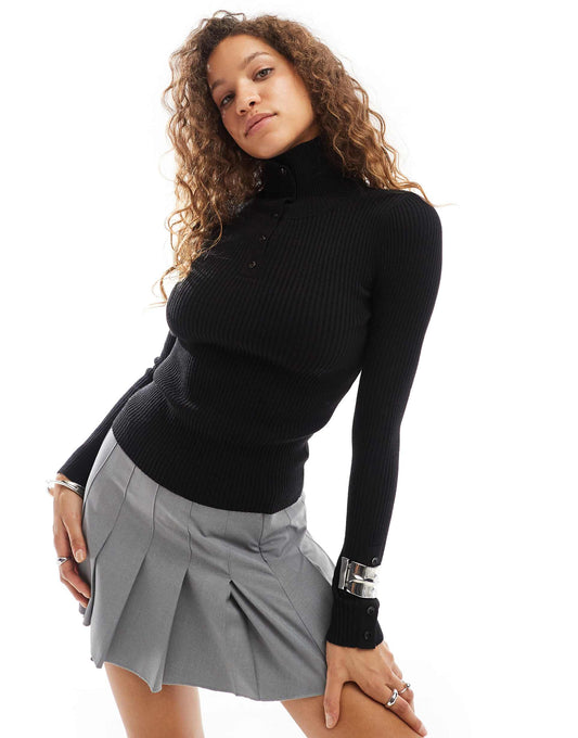 Button Detail High Neck Ribbed Funnel Neck